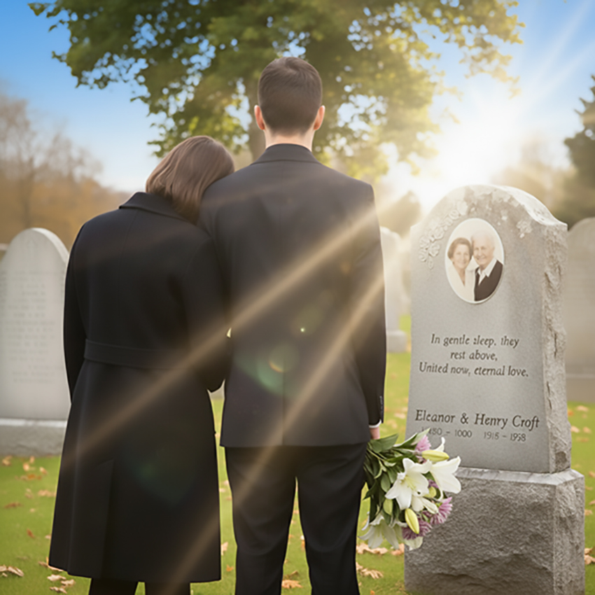 Porcelain ceramic portrait mounted on a granite headstone in a cemetery